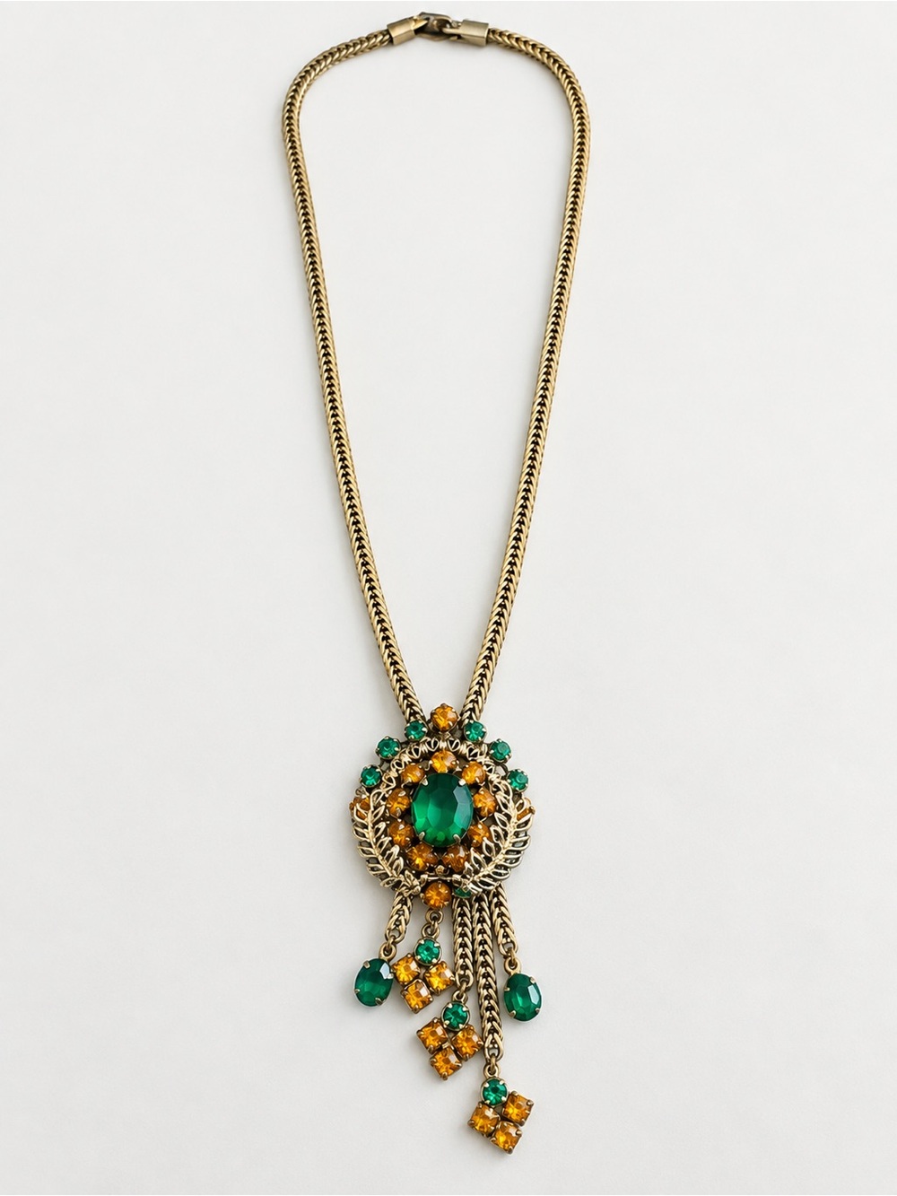 Vintage Style Green & Amber Rhinestone Statement Necklace Gold Tone Tassel Penda
